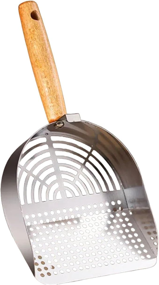 Heavy Duty Aluminum Alloy Cat Litter Scoop with Stand | Beech Wood Grip + Long Handle for Comfort | Deep Sifter for Fast, Efficient Poop/Litter Cleaning | Durable for Litter Box (Round Hole Row)