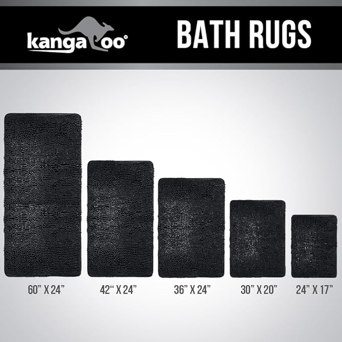 KANGAROO Bathroom Rugs, Chenille Soft Absorbent Bath Rug, Shaggy Shower Mat, Quick Dry Machine Wash Bathmat, Plush Carpet Mats for Tub, Bathtub and Room Home Decor Accessories, 24x17, Black