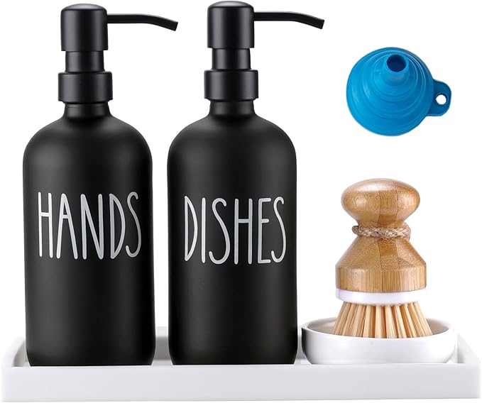 Glass Soap Dispenser for Kitchen,Farmhouse Dish &Hand Soap Dispenser Set, Rustproof Pump with Tray and Dish Brush,Kitchen Decor（Black）