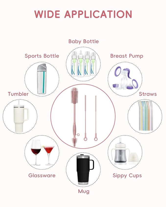 Baby Bottle Brush and Straw Cleaner Brush Set, Extra Long Double-Ended Soft Silicone Brush Cleaner for Baby Bottles, Water Bottles, Cups, Breast Pumps, Detachable & Hangable