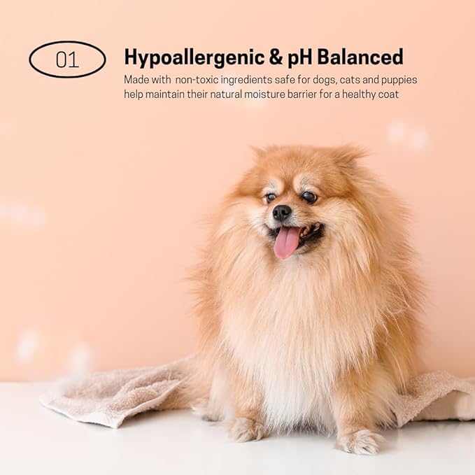 Hypoallergenic Dog Shampoo and Conditioner in 1, Cat Shampoo, Moisturizing, Tear-Free for Sensitive Skin, Puppies, with Pet-Friendly Fragrance, Includes Silicone Bath Brush
