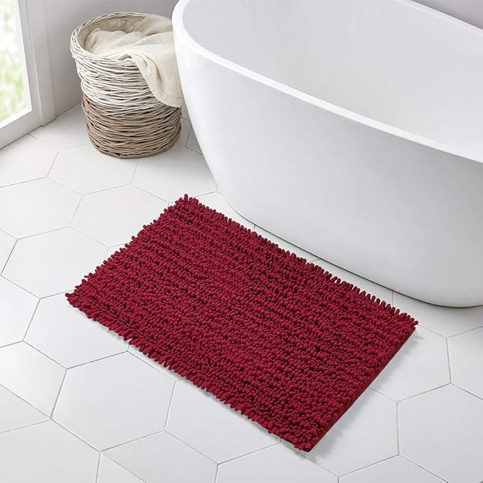 Walensee Bathroom Rug Non Slip Bath Mat (32x20 Inch Red) Water Absorbent Super Soft Shaggy Chenille Machine Washable Dry Extra Thick Perfect Absorbant Best Large Plush Carpet for Shower Floor
