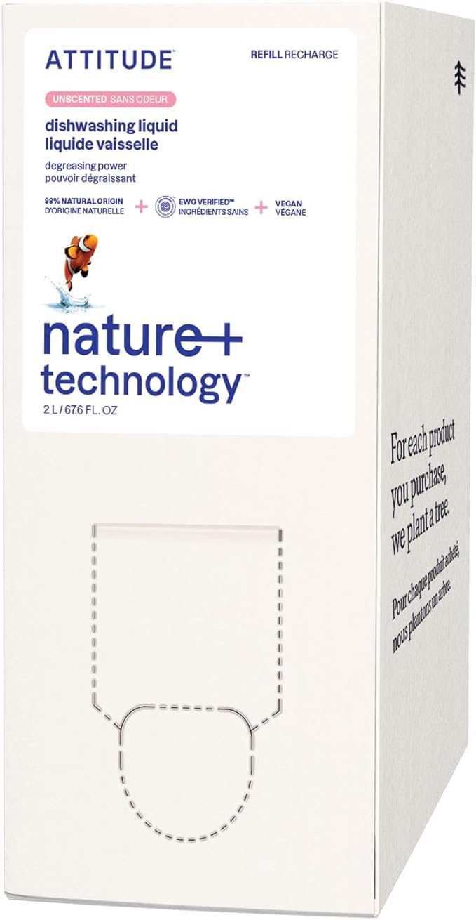 ATTITUDE Dish Soap Refill, EWG Verified, Plant-Based & Vegan Dishwashing Liquid, Naturally Derived, Unscented, 67.6 Fl Oz