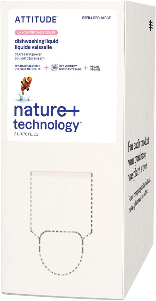 ATTITUDE Dish Soap Refill, EWG Verified, Plant-Based & Vegan Dishwashing Liquid, Naturally Derived, Unscented, 67.6 Fl Oz