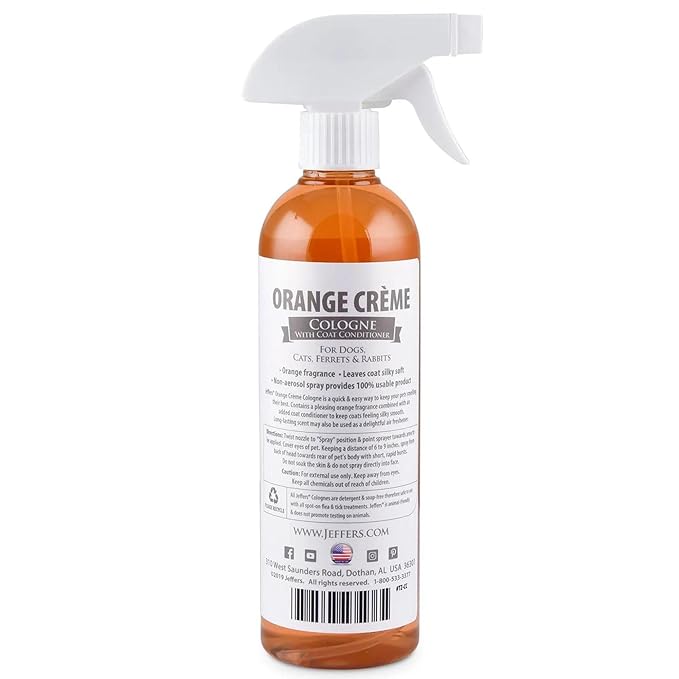 Jeffers Pet Cologne Spray with Coat Conditioner for Dogs & Cats, Orange Creme - Detergent & Soap Free Grooming Fragrance Mist, Deodorizer, Freshener, Safe for Pets, Salon, Home Use - 16 oz