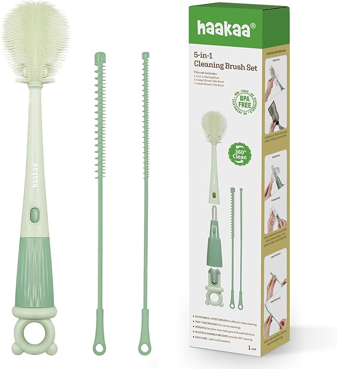 Haakaa 5-in-1 Cleaning Brush Set – Baby Bottle Brush & Bottle Brush Cleaner, Multi-Purpose 360° Comprehensive Cleaning for Breast Pumps, Breast Milk Collector, Baby Bottles, Nipples ,Straw – Portable