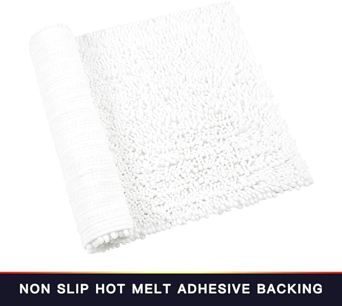 Walensee Bathroom Rug Non Slip Bath Mat (24x17 Inch White) Water Absorbent Super Soft Shaggy Chenille Machine Washable Dry Extra Thick Perfect Absorbant Best Small Plush Carpet for Shower Floor