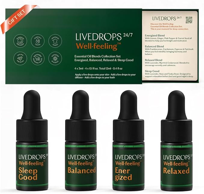 LIVEDROPS 24/7 Essential Oil Gift Set 4 mini Aromatherapy Blends for Energy, Sleep, Relax Natural Oils for Diffuser or Skin Crafted in France by Perfumers Wellness Gift