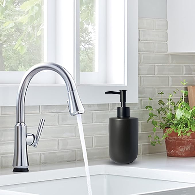 Black Soap Dispenser for Bathroom,Minimalist Modern Design Cylindrical Lotion Dispenser,12oz Ceramic Hand Dish Soap Dispenser,Refillable Liquid Dispenser for Kitchen,Matte Black Pump(Black)