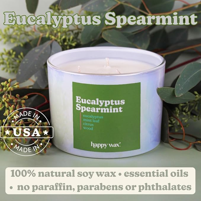 Happy Wax Eucalyptus Spearmint All Natural Soy Wax 3 Wick Premium Scented Candle, Infused with Essential Oils for Relaxing, Stress Relief, and Aromatherapy