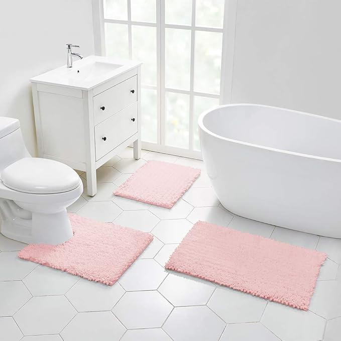 Walensee Bathroom Rug Non Slip Bath Mat (32x20 Inch Blush) Water Absorbent Super Soft Shaggy Chenille Machine Washable Dry Extra Thick Perfect Absorbant Best Large Plush Carpet for Shower Floor