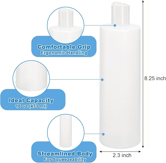 Bekith 12 Pack 16oz Plastic Squeeze Bottle with 24 Caps in 2 Styles, Refillable Plastic Bottles for Shampoo, Lotions, Liquid Body Wash, Sauce, BPA Free