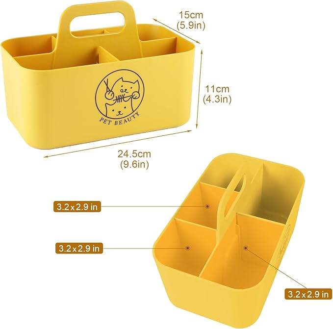 Dog Storage Organizer for Grooming Supplies,Portable Caddy Organizer for Pet Stuff,Divided Storage Bin for Dog Cat Grooming Kit,Dog Stuff Organizer with Handle for Shampoo,Clipper,Comb-Yeloow