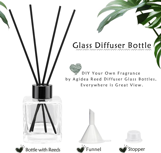4PCS Glass Diffuser Bottles, Refillable Square Shape With 20pcs Reeds Sticks, Black Caps & Funnel, 3.3" High 100ml 3.52 fl oz. Jars for Home Oil Fragrance Decoration