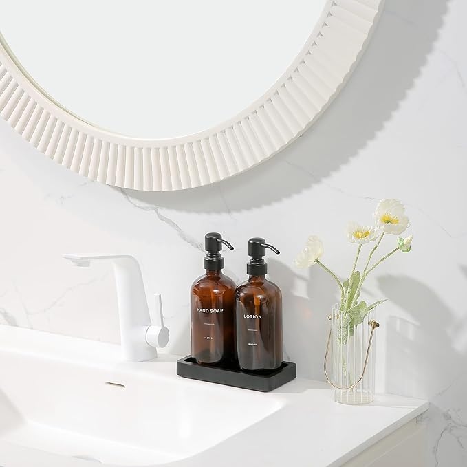 Amber Glass Soap Dispenser Set, Hand Soap and Lotion Set with Black Stainless Steel Pump, Perfect for Modern Bathroom Decor. (Amber)