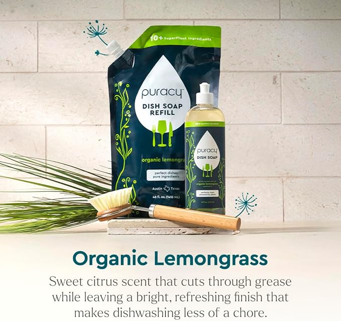 Puracy Natural Dish Soap Refill - Skin-Softening Plant-Based Liquid Dishwashing Detergent Soap, Clean-Rinsing Water-Sheeting Formula (Organic Lemongrass, 16+48 fl oz)