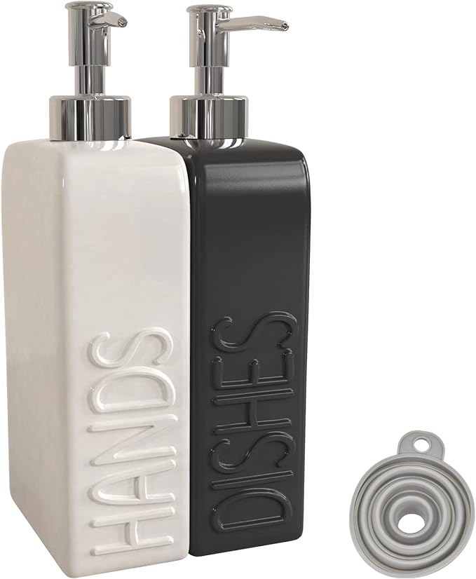 Soap Dispenser Set with Funnel, Non-Slip Silicone Pads, 2 Pack Ceramic Refillable Dish Soap and Hand Soap Dispenser for Kitchen, Bathroom, Matte Black and White