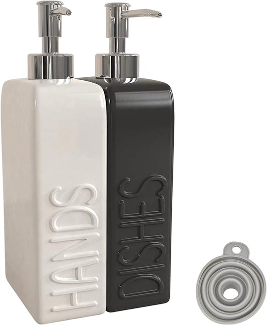 Soap Dispenser Set with Funnel, Non-Slip Silicone Pads, 2 Pack Ceramic Refillable Dish Soap and Hand Soap Dispenser for Kitchen, Bathroom, Matte Black and White