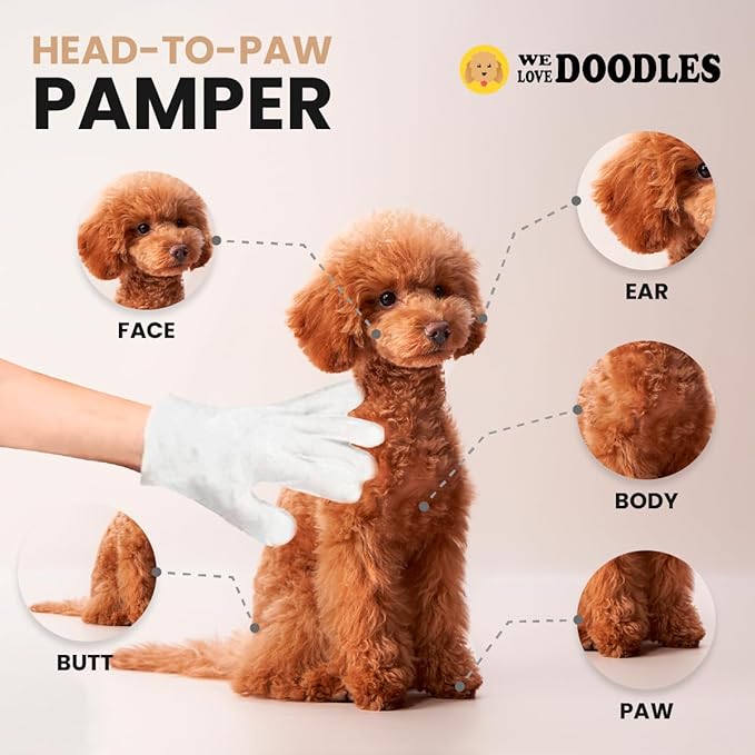 We Love Doodles Dog Gloves Wipes & Puppy Shampoo Bundle - Pet Bathing Wipes for Dogs, Paws, Face, Body, Ears, Shampoo for Puppies, Sensitive & Itchy Skin Wash, Oatmeal Bathing, Tearless