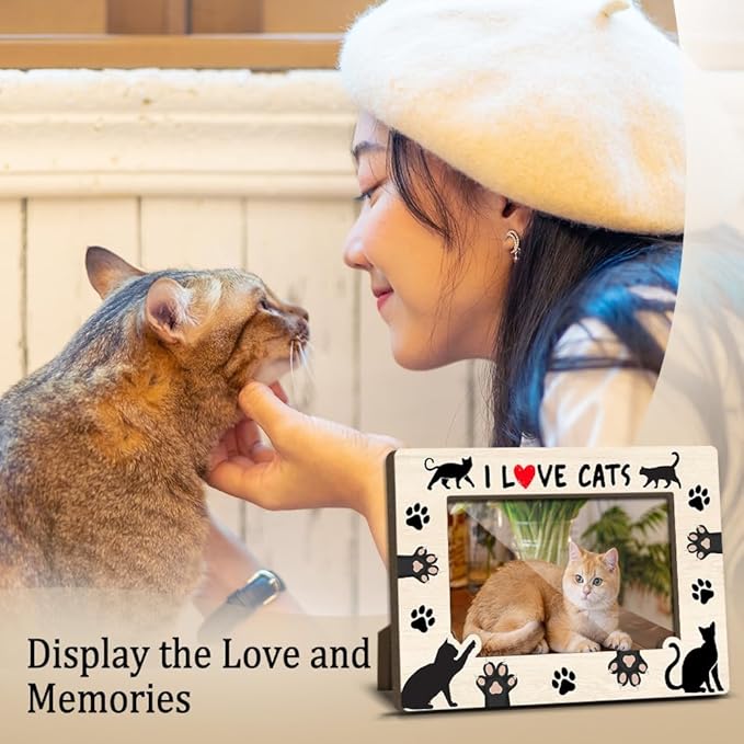 I Love Cats Wooden Picture Frames Present for Cat Lover Pet Owner Women Girls Friends Kitten Memorial Keepsake Home Office Living Room Tabletop Decor Picture Picture Frames 4x6 Photo - YY024