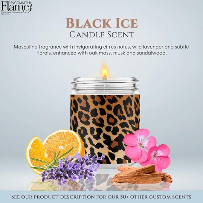 100% Handmade Non-toxic Soy Wax Candle, Masculine Musky Scent, 120hr Burn, Soot Free, Cotton Wick, 16 oz - Fun Animal Print, Cheetah Design (Leopard Print, Black Ice)