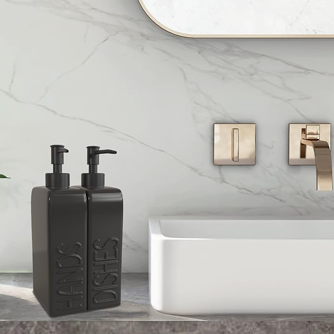 Ceramic Soap Dispenser Set, 2 Pack Kitchen Dispenser with Funnel, Non-Slip Silicone Pads, Liquid Hand and Dish Soap for Kitchen, Bathroom, Matte Black