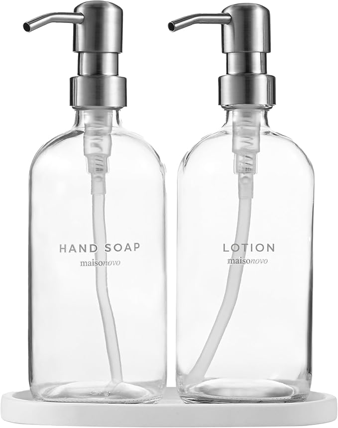 MaisoNovo Soap Dispenser 3-Piece Set | 16.9oz Clear Bottles with Silver Stainless Steel Pumps
