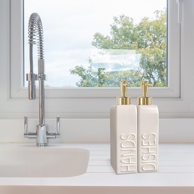 Soap Dispenser Set with Gold Stainless Steel Pump and a Funnel, 2 Pack Modern Ceramic Refillable Hand and Dish Soap Dispenser for Kitchen, Bathroom, Matte White