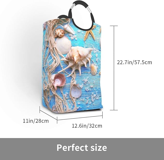 Beach Wooden Starfish Laundry Basket Seashell Laundry Hamper Blue Collapsible Laundry Baskets with Handle Laundry Bag Dirty Clothes Hamper for Dorm Family Bathroom Decor Storage 50L
