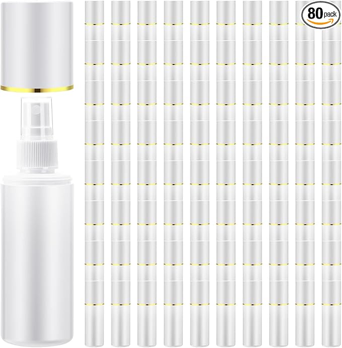 80 Pack 2 oz Plastic Spray Bottles Fine Mist Travel Spray Bottles with Pump Cap Double Cap Refillable and Reusable Empty Plastic Containers for Travel Cosmetic Essential Oils Perfume (White)