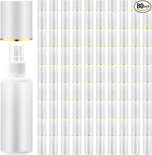 80 Pack 2 oz Plastic Spray Bottles Fine Mist Travel Spray Bottles with Pump Cap Double Cap Refillable and Reusable Empty Plastic Containers for Travel Cosmetic Essential Oils Perfume (White)