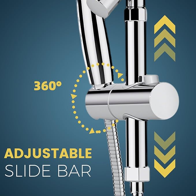 12 Inch Rain Shower Head with 8-Setting Handheld Spray Combo, Metal Height Adjustable Shower Arm, Slide Bar with Holder, Stainless Steel Hose, Chrome