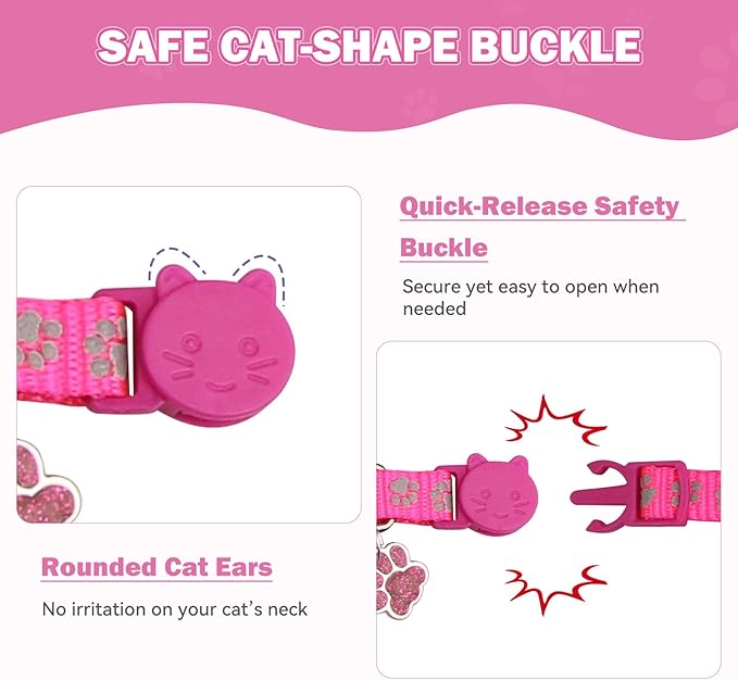 4PCS Breakaway Cat Collars,Reflective Cat Collar with Bells,Kitten Collars for Boy&Girl Cats Breakaway Collar for Cats with Paw Pendant 7.5-12.6 Inch(Purple+Hotpink+Red+Teal)