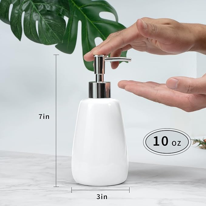 White Hand Soap Dispenser Ceramics Bottles with Elegant Pump Top Bathroom Empty Shampoo Bottles 10oz/300ml