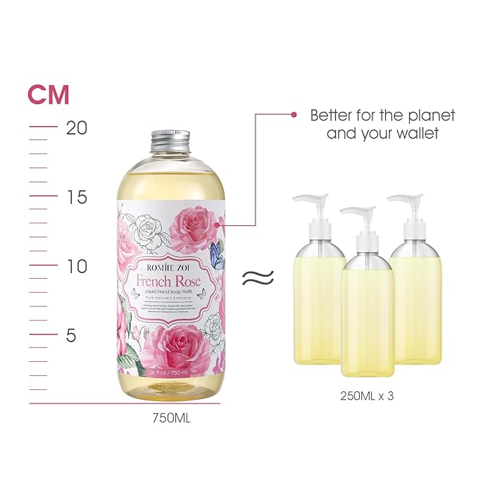 ROMIIE ZOI Rose Liquid Hand Soap Refill Gift Set – 3 Pack (26 Fl Oz Each), Romantic Floral Scent, Moisturizing & Gentle, Biodegradable Formula with Essential Oils for Bathroom, Kitchen