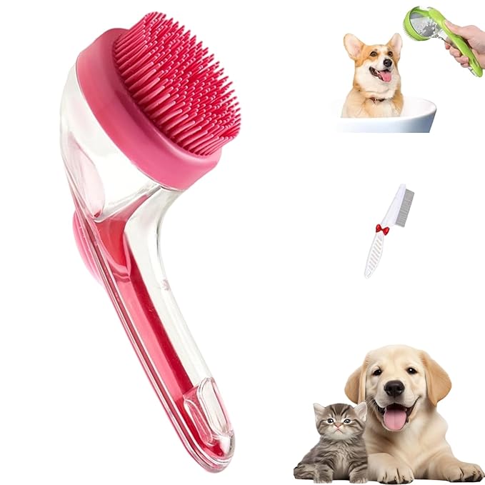 Pets Bath Brush, Soft Silicone Deep Cleaning Scrubber with Built-In Shampoo Dispenser, 2 in 1 Dog Grooming Massage Brush for Dogs Cats (Red)