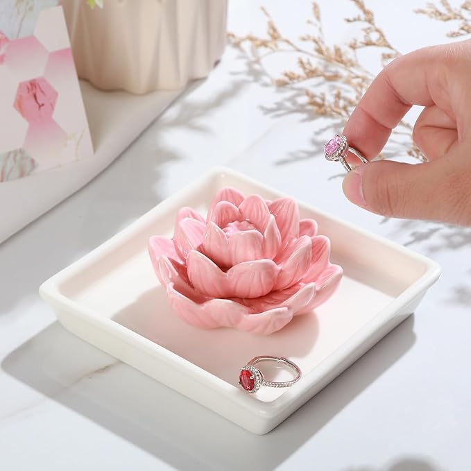 PUDDING CABIN Pink Lotus Ring Holder Dish, Jewelry Holder for Rings, Earrings, Necklace, Bracelets Organizer, Birthday, Wedding, Christmas, Valentine's Day Gifts for Her