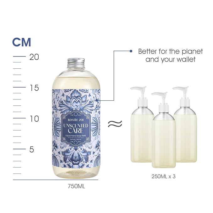 ROMIIE ZOI Liquid Hand Soap Refills Gift Set – Unscented – 3 x 26 Fl Oz Bottles – Plant-Based, Non-Toxic, Fragrance-Free & Gentle Moisturizing Formula – for Sensitive Skin, Bathroom, Kitchen
