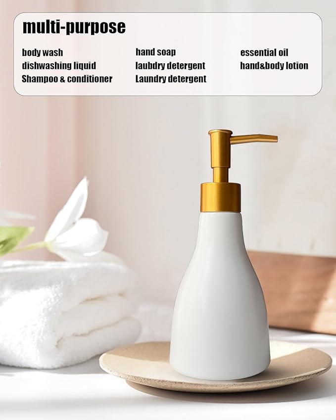 280ml Liquid Soap Dispenser for Bathroom with Gold Pump,Dish Dispenser for Kitchen,Refillable Countertop Lotion Dispenser, Ceramics White Hand Soap Dispenser(Cone White Bottle)