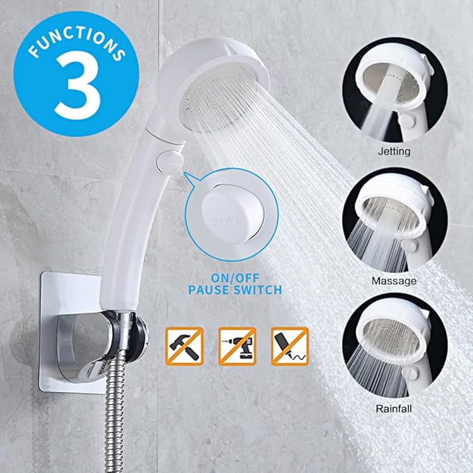 KAIYING Drill-Free High Pressure Handheld Shower Head with ON/OFF Pause Switch 3 Spray Modes Water Saving Showerhead, Detachable Shower-Head, (G:Shower Head (White)+Bracket+Hose)