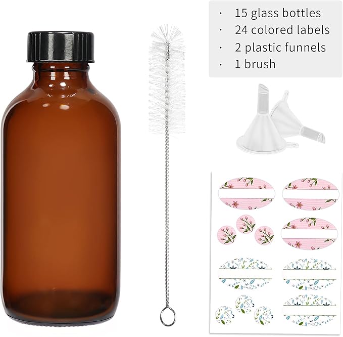 15 Pack Glass Amber Boston Bottles with Black Poly Cone Cap, 4 oz Round Glass Bottle for Essential Oil, Perfume and Liquid, Contains 24 Colored Labels, 2 Funnels, 1 Brush