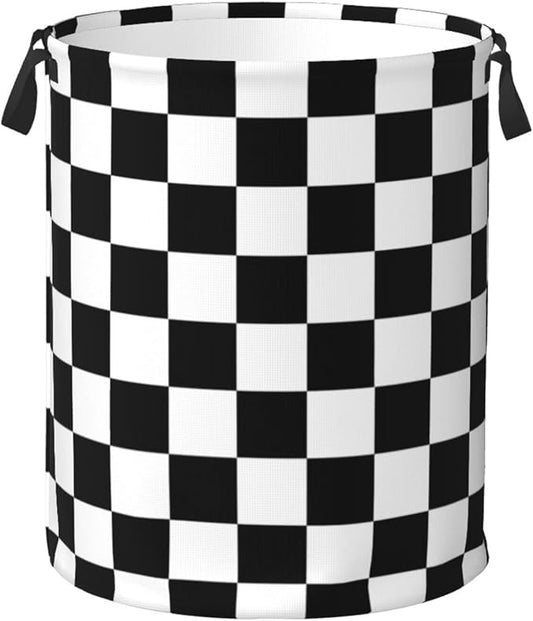 Black And White Plaid Racing Pattern Laundry Hamper Bag With Waterproof Liner - Checkered Race Flag Round Laundry Basket Foldable Clothes Storage Organizer For Bathroom Bedroom Nursery Dorm, M