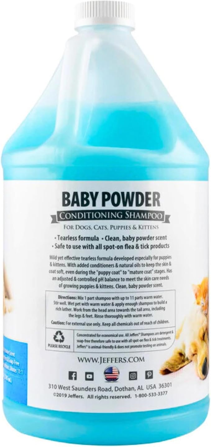 Jeffers Baby Powder Scent Conditioning Shampoo for Dogs, Cats, Puppies & Kittens – Gentle, Soap Free Formula with Natural Oils – Odor Eliminating, Safe Coat Care, Hypoallergenic Pet Shampoo, 1 Gal