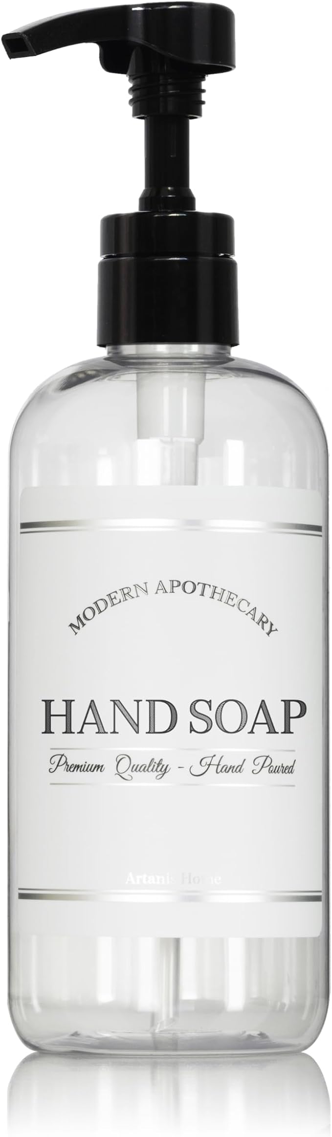 Artanis HomeRefillable Clear PET Plastic 16 oz Hand Soap Bottle with High Output Black Plastic Pump Dispenser - Chrome Accent Waterproof Labeled Botte