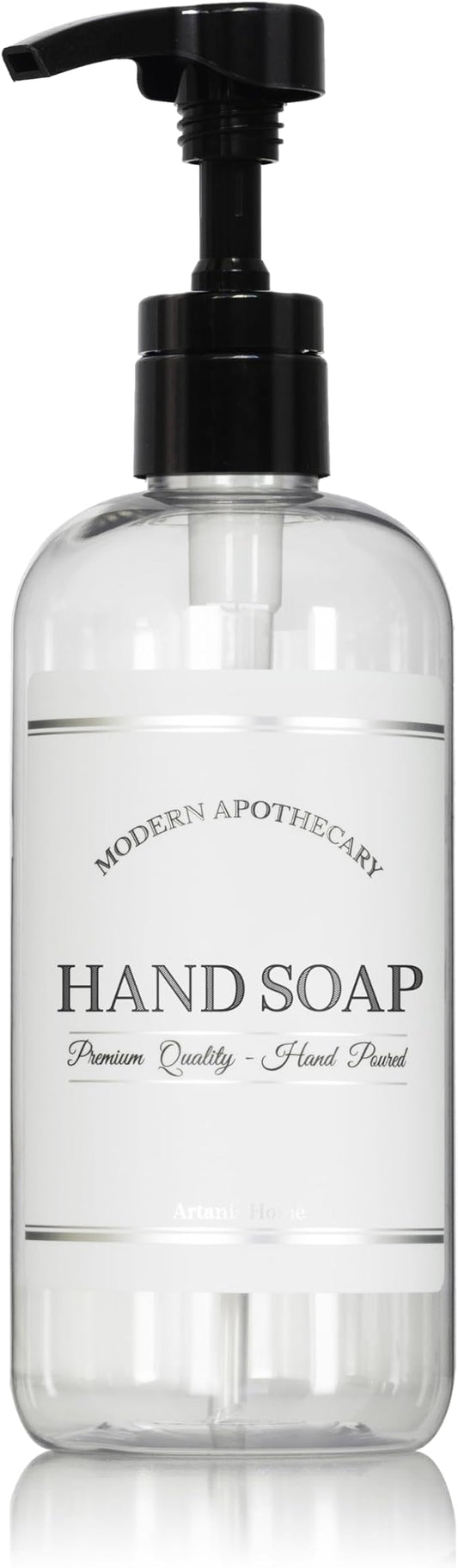 Artanis HomeRefillable Clear PET Plastic 16 oz Hand Soap Bottle with High Output Black Plastic Pump Dispenser - Chrome Accent Waterproof Labeled Botte