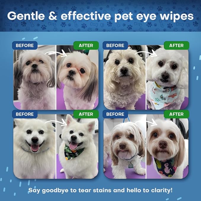 Pet Eye Wipes for Dogs & Cats | 5x6” Hypoallergenic Tear Stain Remover Wipes | 3X Larger Unscented Gentle Eye Wipes to Remove Discharge | 99% Natural Ing. Safe for Sensitive Pets | 60 Wipes