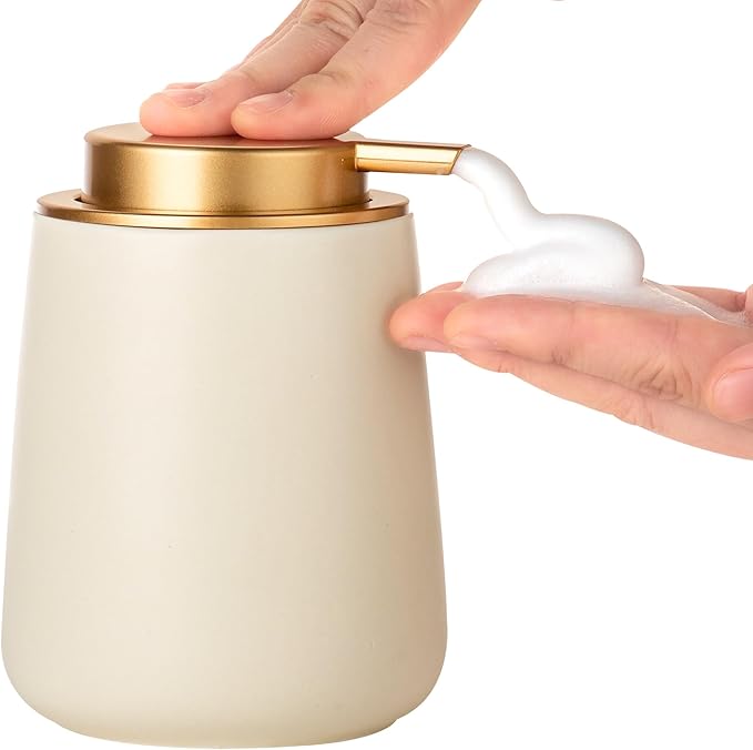 Enra Foaming Soap Dispenser,12 oz BModern Foam Soap Dispenser with Glod Pump for Bathroom,Kitchen with Easy-to-Press Pump (Beige Poam Gold Pump)