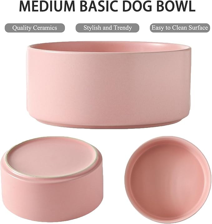 6'' Ceramic Dog Bowl - 30Oz Classic Dogs Food & Water Bowl for Small and Medium Breed Dogs, Heavy Duty Non-Slip Dog Dishes, Food Grade Stoneware Pet Bowl, Dishwasher & Microwave Safe, Pink