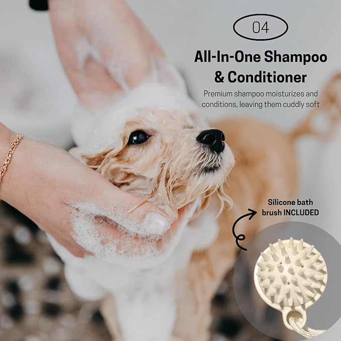 Hypoallergenic Dog Shampoo and Conditioner in 1, Cat Shampoo, Moisturizing, Tear-Free for Sensitive Skin, Puppies, with Pet-Friendly Fragrance, Includes Silicone Bath Brush (Shampoo & Moisturizer)