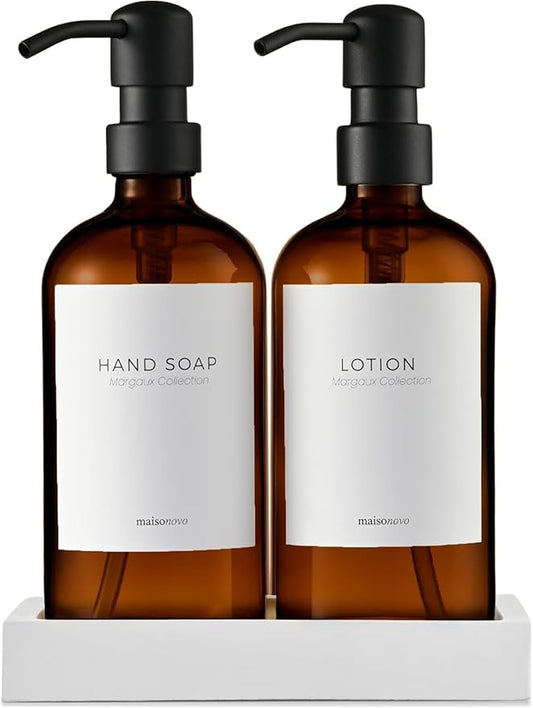 MaisoNovo Soap Dispenser 3-Piece Set | 16.9oz Amber Bottles with Black Stainless Steel Pumps